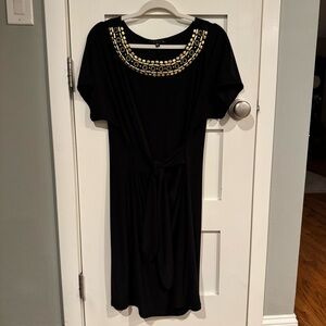Ruched Black Stretchy Cocktail Holiday Dress, Gold Beading & Tie/Wrap Waist! LBD